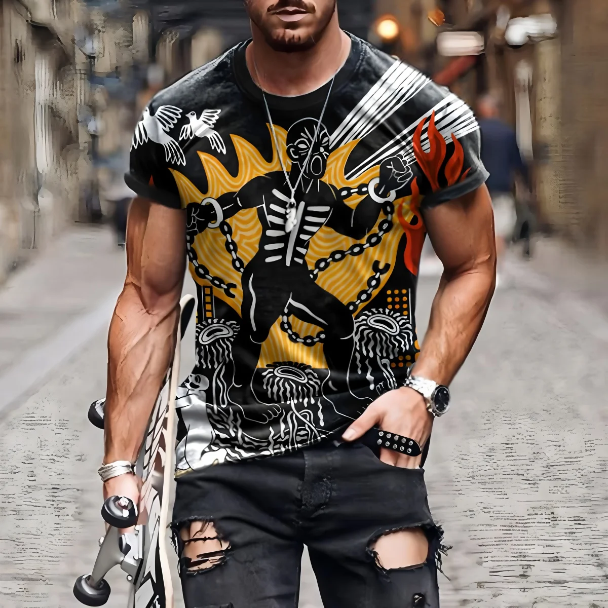 Men'S Ethnic Fashion Trends - T-shirt con Stampa 3D a Maniche