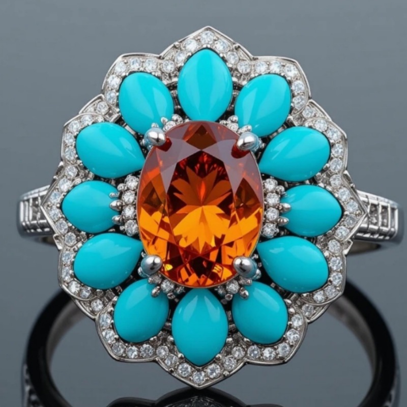 Ethnic Chic Fashion - Anello Floreale in Turchese Sintetico Stile